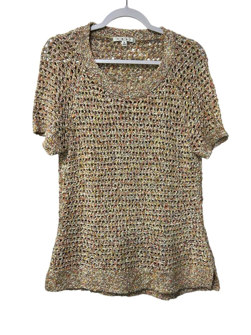 CAbi Sorbet Sweater Multicolor Cotton Open Knit Crochet Short Sleeve Boho Med